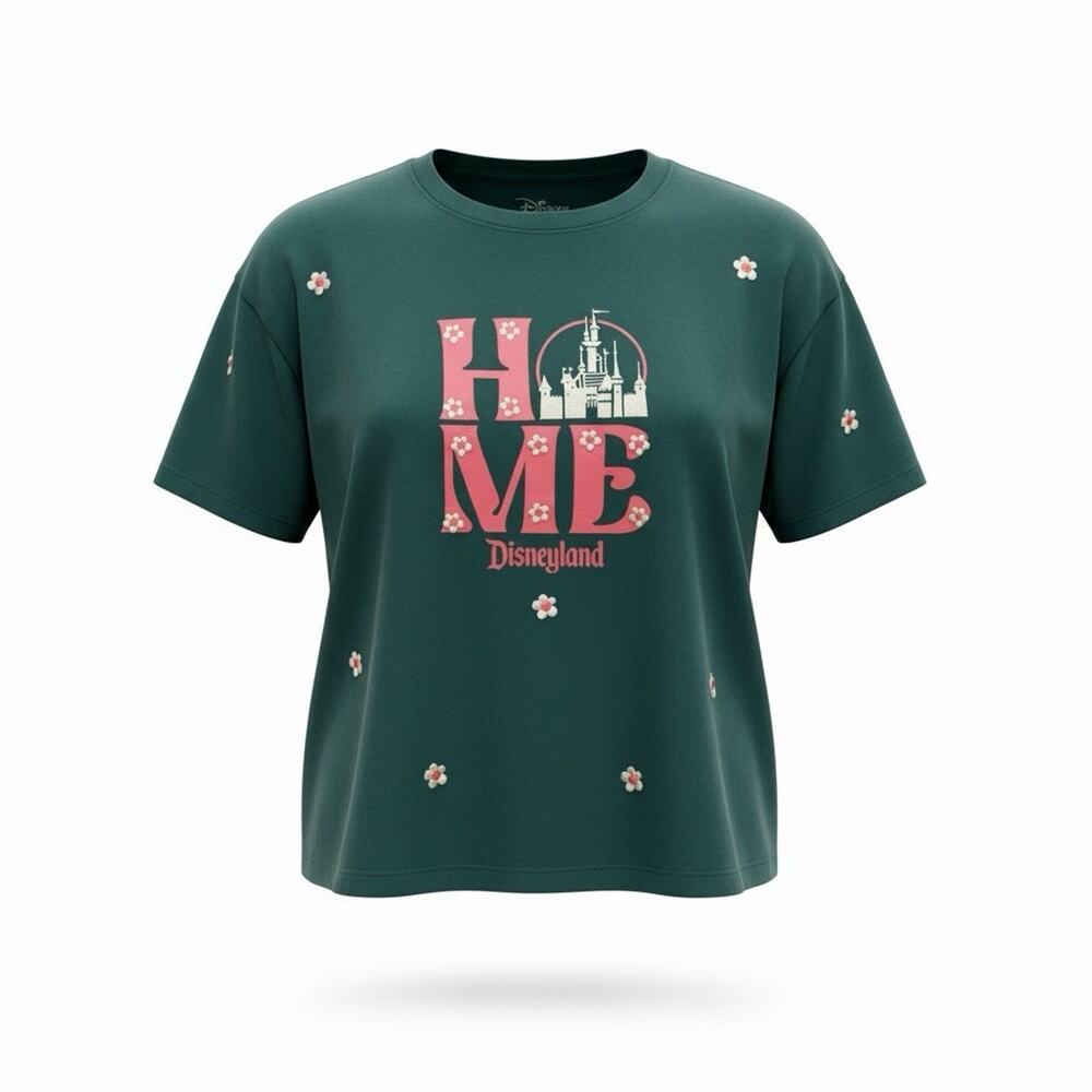 Disney Parks Disneyland Womens HOME Boxy T-Shirt Green Floral Castle Size 2XL
